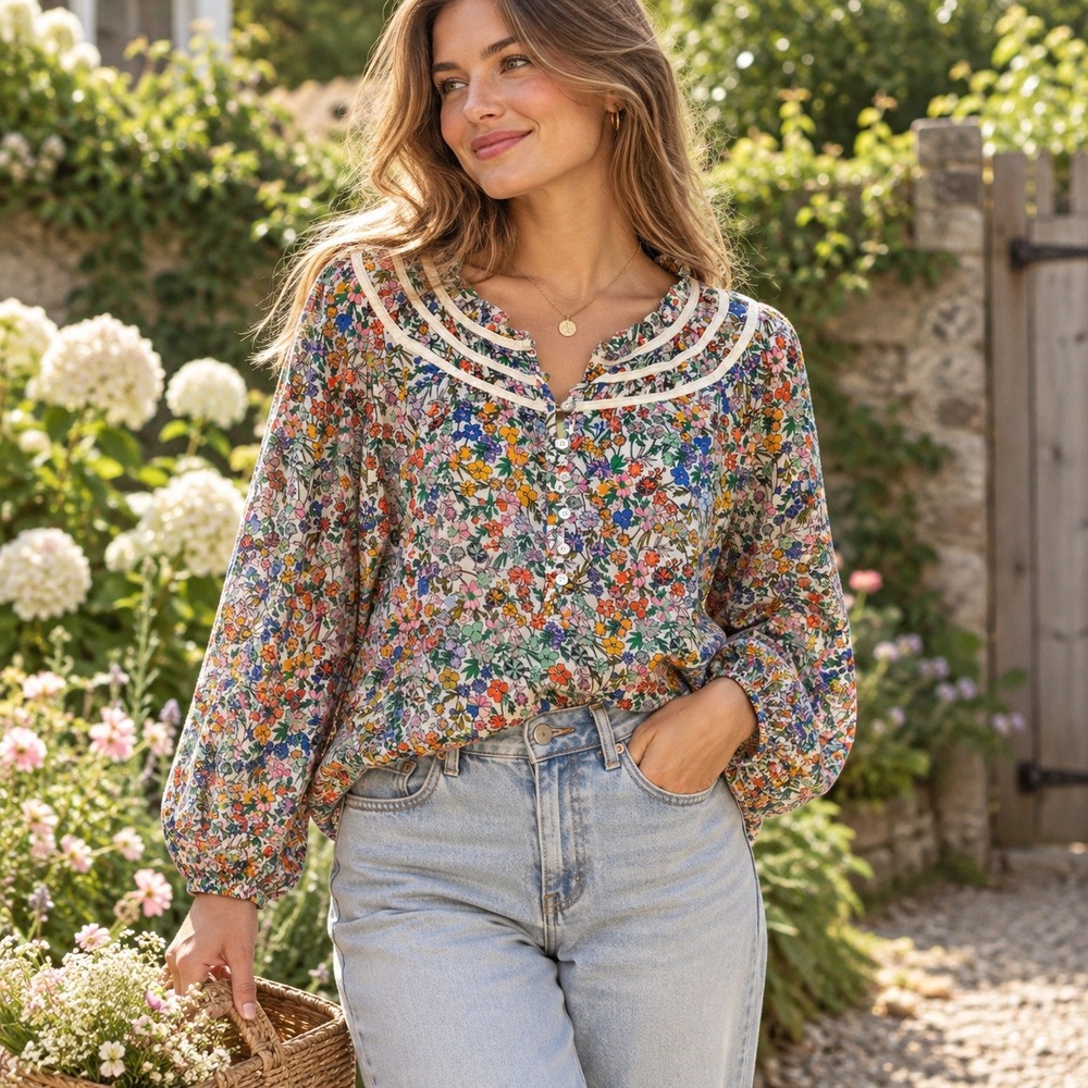 Talbots Womens Floral Peasant‎ Blouse Sz XL Long Sleeve Cotton Cottage Boho